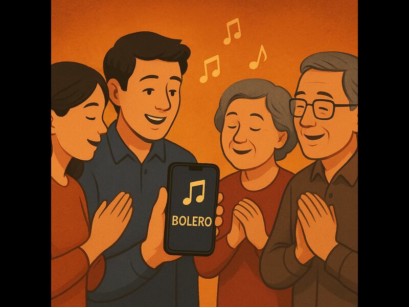 Hình ảnh một nhóm người đang nghe và thưởng thức Bolero trên điện thoại, thể hiện sự phổ biến của dòng nhạc trên nền tảng số