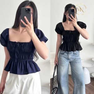 Hình ảnh áo babydoll linen tay phồng màu trắng