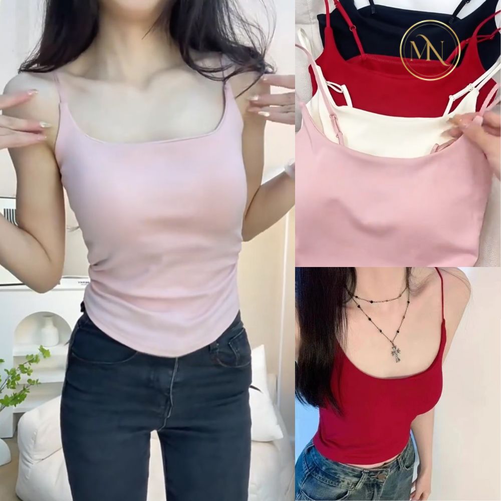 Áo Hai Dây Có Mút Ngực | Ôm Body, Dây Điều Chỉnh 1 Áo hai dây trơn có mút ngực ôm body màu hồng