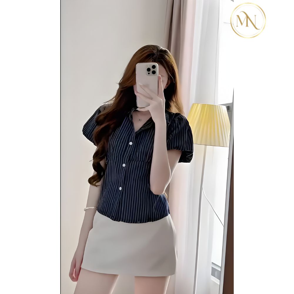 Áo Sơ Mi Kẻ Tay Phồng | Dáng Ngắn, Chất Thô Linen 4 Áo sơ mi kẻ tay phồng dáng ngắn chất linen 4