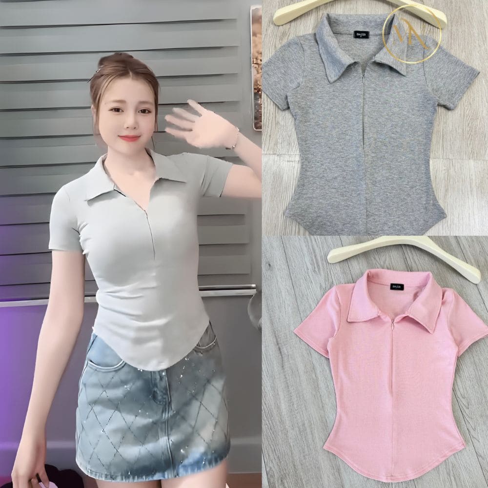 Áo Thun Nữ Cổ Bẻ Phối Dây Kéo | Áo Polo Ôm Dáng 1 Áo thun nữ cổ bẻ phối dây kéo nhiều màu