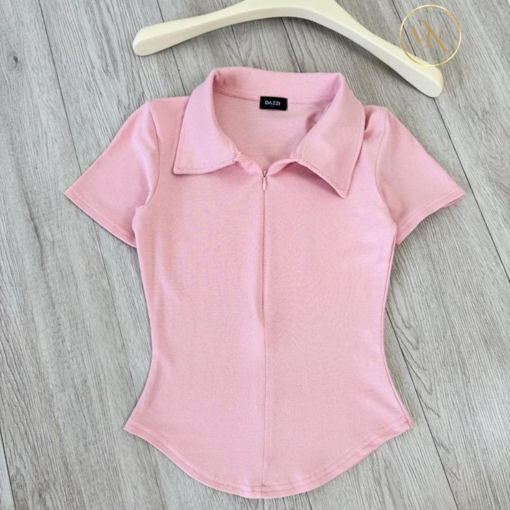 Áo Thun Nữ Cổ Bẻ Phối Dây Kéo | Áo Polo Ôm Dáng 4 Áo thun nữ cổ bẻ phối dây kéo màu hồng