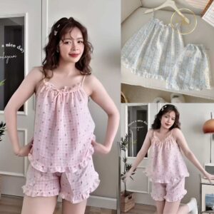 hình Set Pijama Đũi 2 Dây màu hồng
